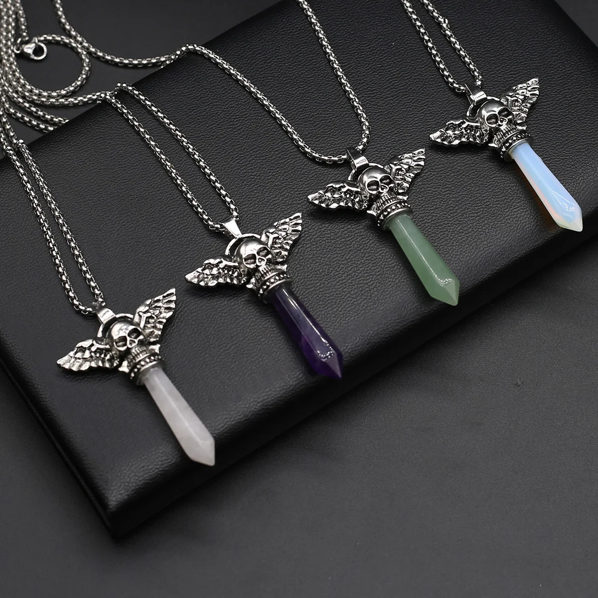 Купи Metal Chain Natural Stone Skull Alloy Wing Hexagonal Prism Reiki Pendant Necklace Metal Chain for Women Charm Jewelry Party за 157 рублей в магазине AliExpress