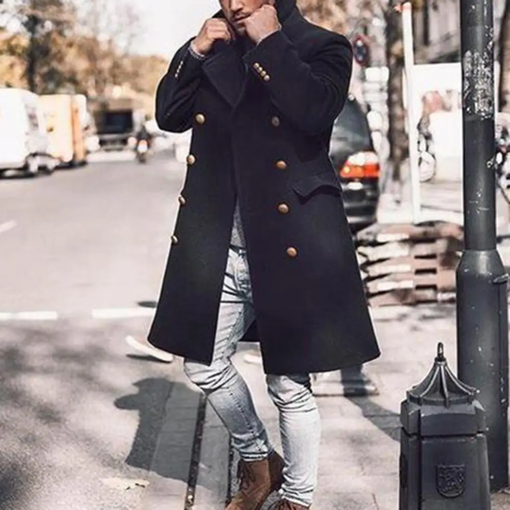 

Trendy Men Windbreaker British Style Men Outerwear Long Sleeves Coldproof Pockets Trench Coat Dressing