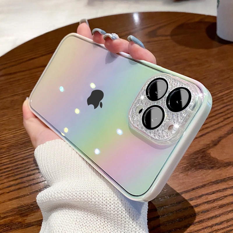

Rainbow Laser Soft Frame Case For iPhone 12 13 Pro Max 7 8 Plus X XS XR 11 Aurora Hard Shockproof Diamond Lens Protection Cover