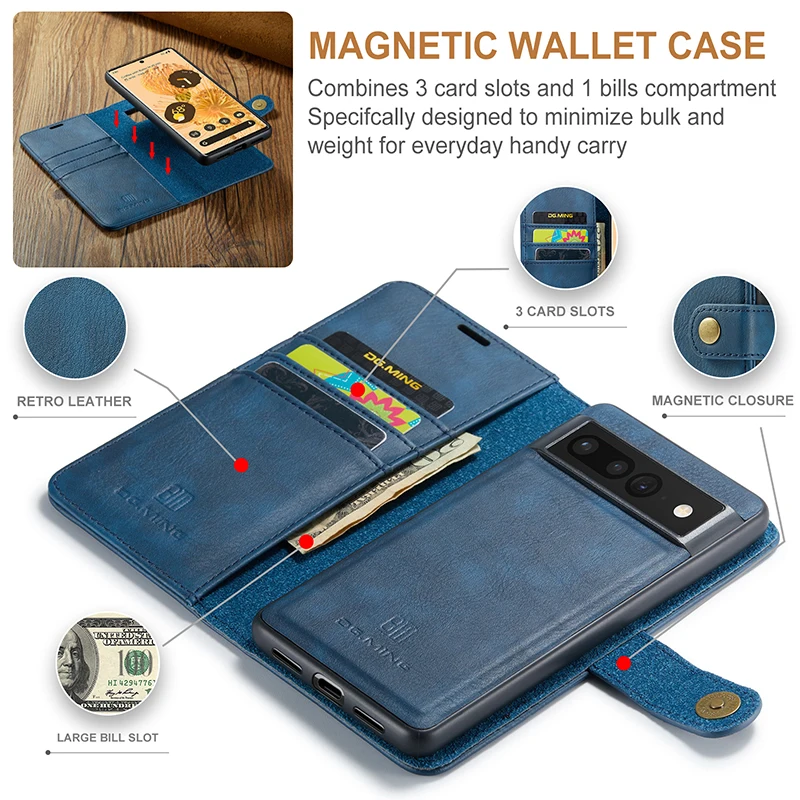 

For Google 7 Pro Magnetic Case Genuine Leather Phone Cases Pixel 7pro 6pro 6 6A Card Wallet Leather Holster Protect Cover Coque