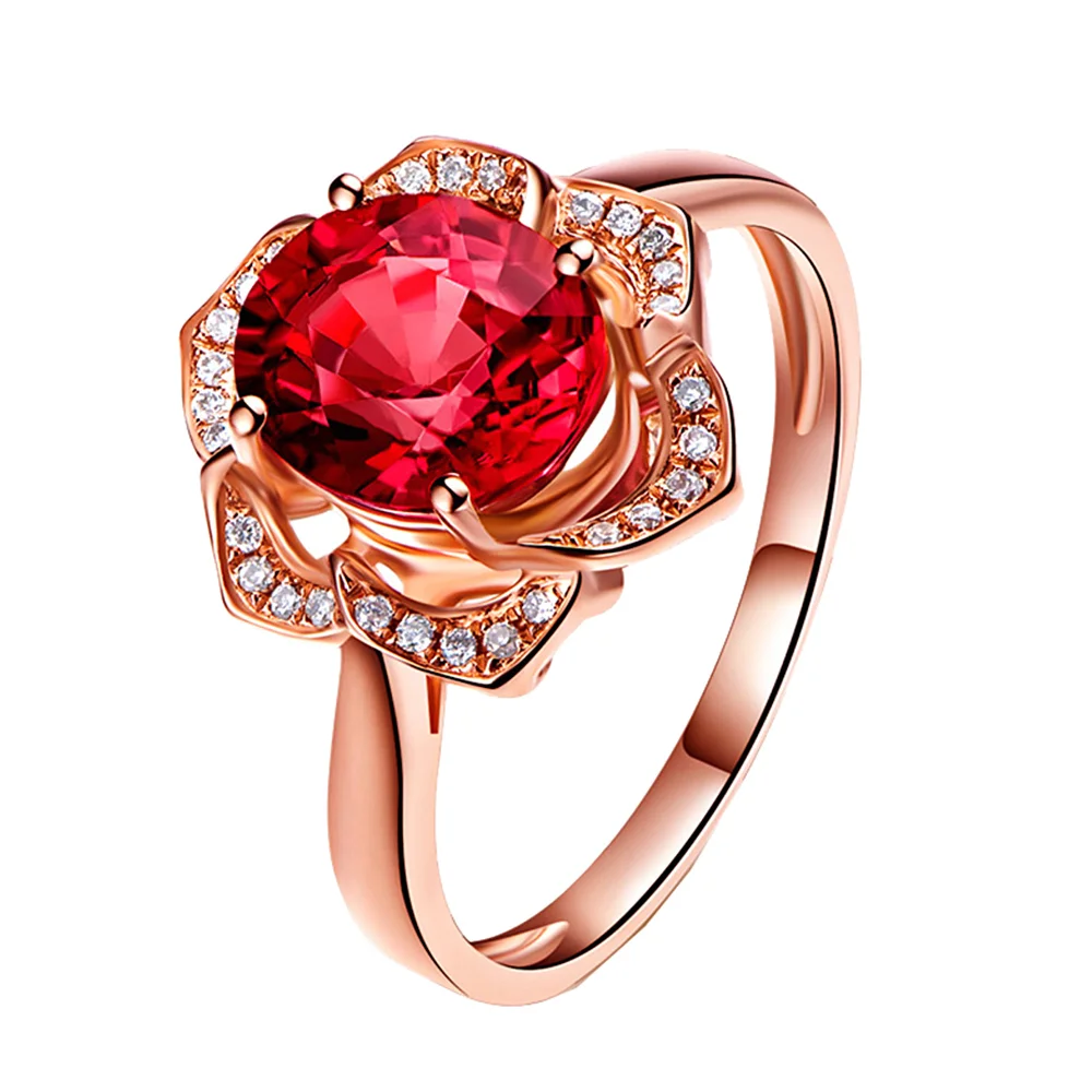 

Caibao natural red tourmaline women's ring with diamond group diamond-plated rose-plated 18K gold flower-shaped ring