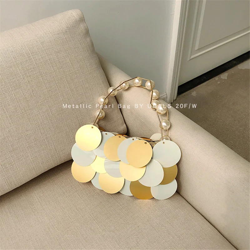 

Women Bags Luxury Designer Natural Shell Flakes Golden Bead Acrylic Chain Woven Bag Evening Bags Clutch Female Holiday Handbag