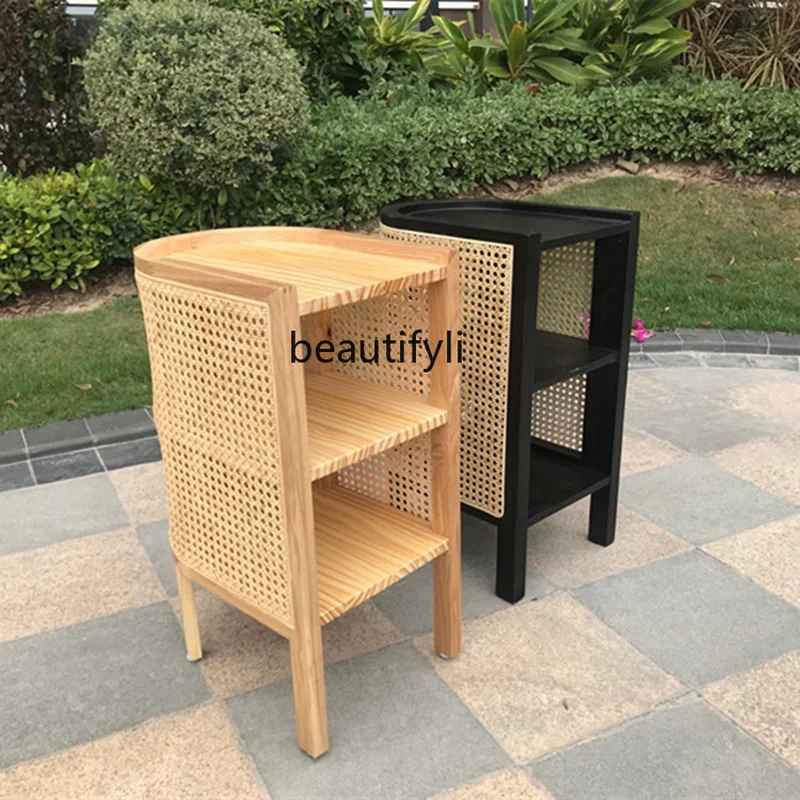 GY Solid Wood Rattan Bedside Table Nordic Homestay Corner Table Small Storage Cabinet Small Side Cabinet Storage Cabinet
