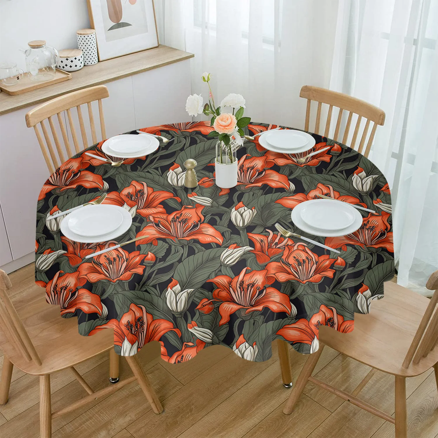 

Red Flowers Foliage Round Tablecloth Party Kitchen Dinner Table Cover Holiday Decor Waterproof Tablecloths