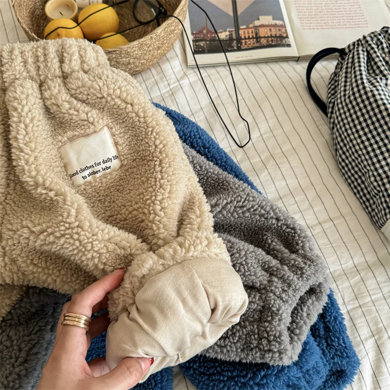 MiniAinis новые зимние детские флисовые брюки однотонные штаны из овечьей шерсти для