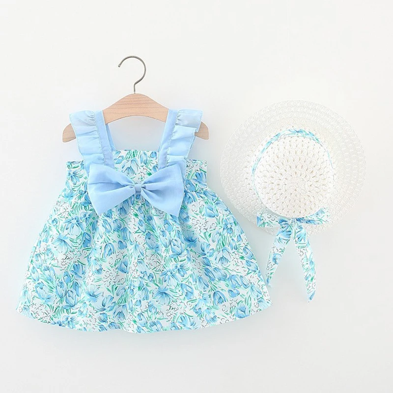 

2Piece Summer Outfit Infant Baby Girl Princess Beach Dress+Sunhat Cute Print Cotton Sleeveless Toddler Baby Girl Clothes Set