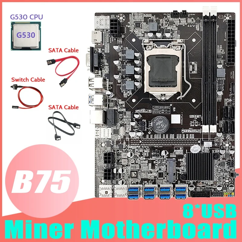 

HOT-B75 ETH Mining Motherboard 8XPCIE To USB+G530 CPU+2XSATA Cable+Switch Cable LGA1155 MSATA DDR3 B75 USB Miner Motherboard