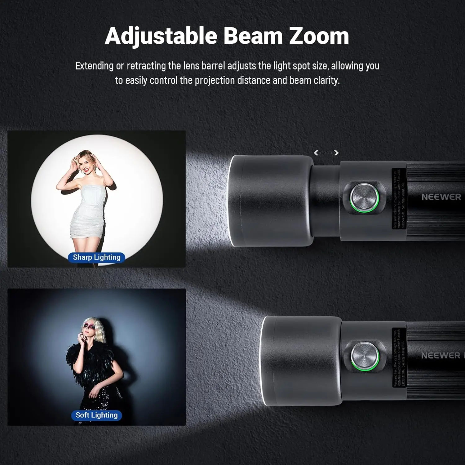 Фото Фонарь для фотосъемки NEEWER Basics RGB, 4 цвета/20 GOBO-фильтров/CRI95+/7500 мАч, 10 Вт, 6300K, портативный светодиодный видеосветильник №4