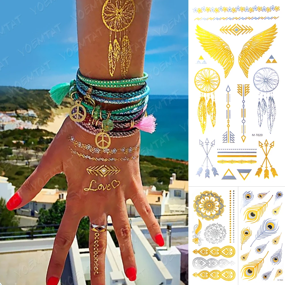 

Waterproof Temporary Tattoo Sticker Dreamcatcher Mandala Henna Gold Silver Metallic Flash Tatoo Boho Wings Feather Glitter Brace