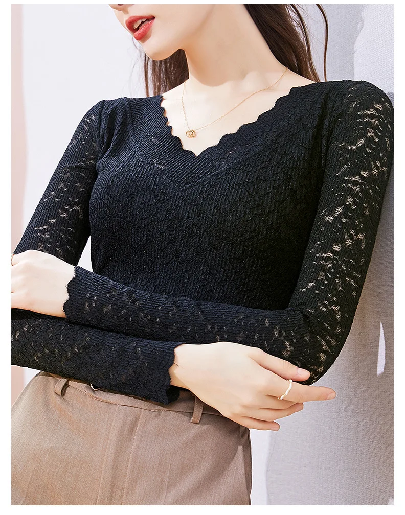 

Lace shirt women's autumn 2021 new look thinner with long sleeves GRAY22