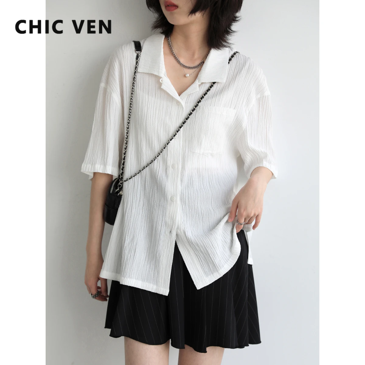 

CHIC VEN Women Shirt Casual Loose Striped Shirts Solid Short Sleeve Women's Blouse Female Top 2022 Summer New