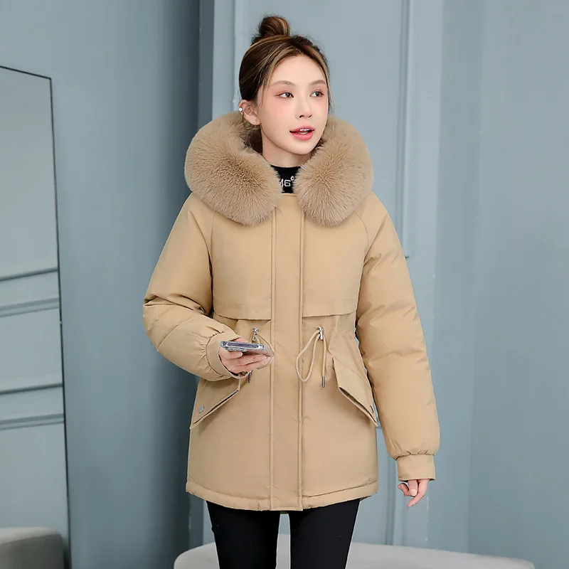 

2023 Winter New Wool Liner Parka Coat Women Long Hooded Jacket Female Slim With Fur Collar Warm Snow Padded Parka Clothes Winter