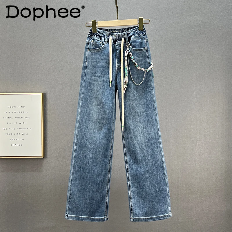 

Retro Blue Denim Trousers Ladies 2022 Spring Summer New Elastic High Waist Loose and Slimming Lace-up Wide Leg Jeans for Women