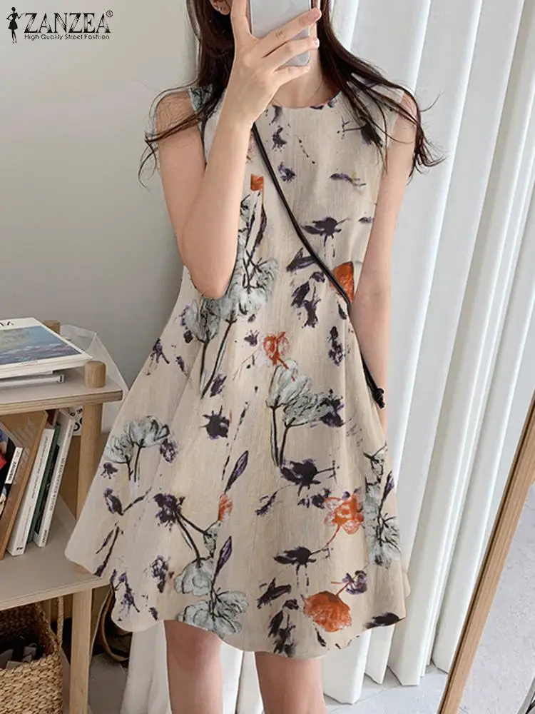 

ZANZEA Elegant Holiday Dress Women Printed Sleeveless O Neck Cotton Sundress Casual Loose Beach Vestidos Robe Femme Oversized
