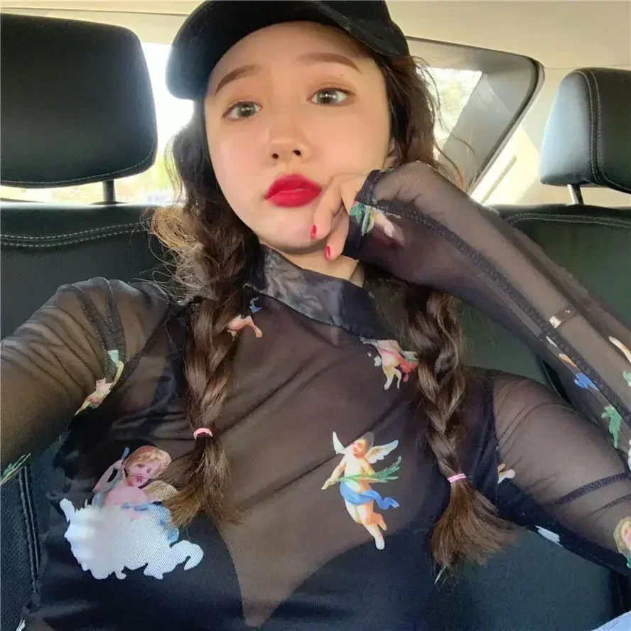 Сексуальная женская футболка с ангелом модная прозрачный сетчатый топ длинными