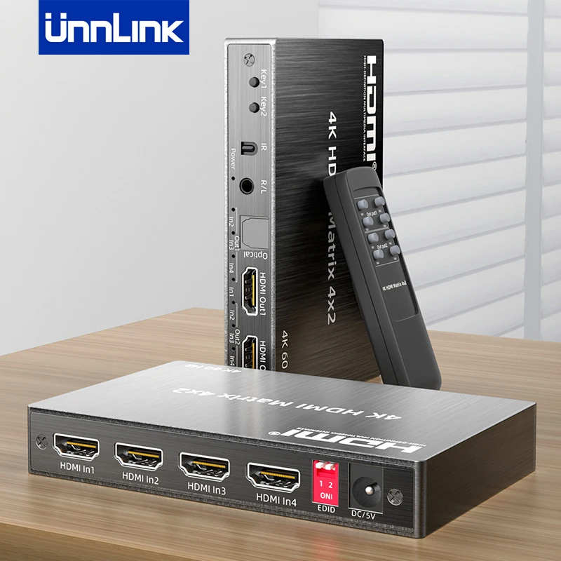 Unnlink 4K60Hz HDMI Matrix 4x2 Video Switch Splitter 4 In 2 Out with Optical Toslink 3.5mm R/L Audio IR Remoter