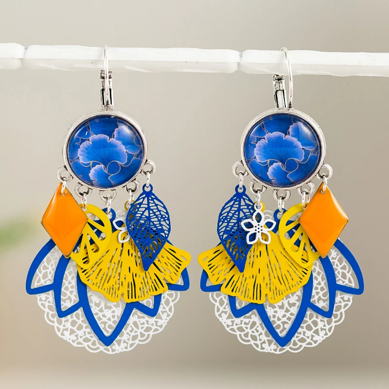 

Bohemian Tassel Earrings Blue Yellow Ginkgo Leaves Big Dangle Earrings For Women Fashion Female Jewelry