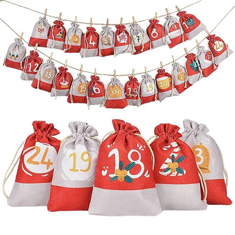

Gift Sack Advent Calendar Countdown Bags 24 Days Countdown Reusable Burlap DIY Funny Holiday Christmas Gift Bags For Grocery