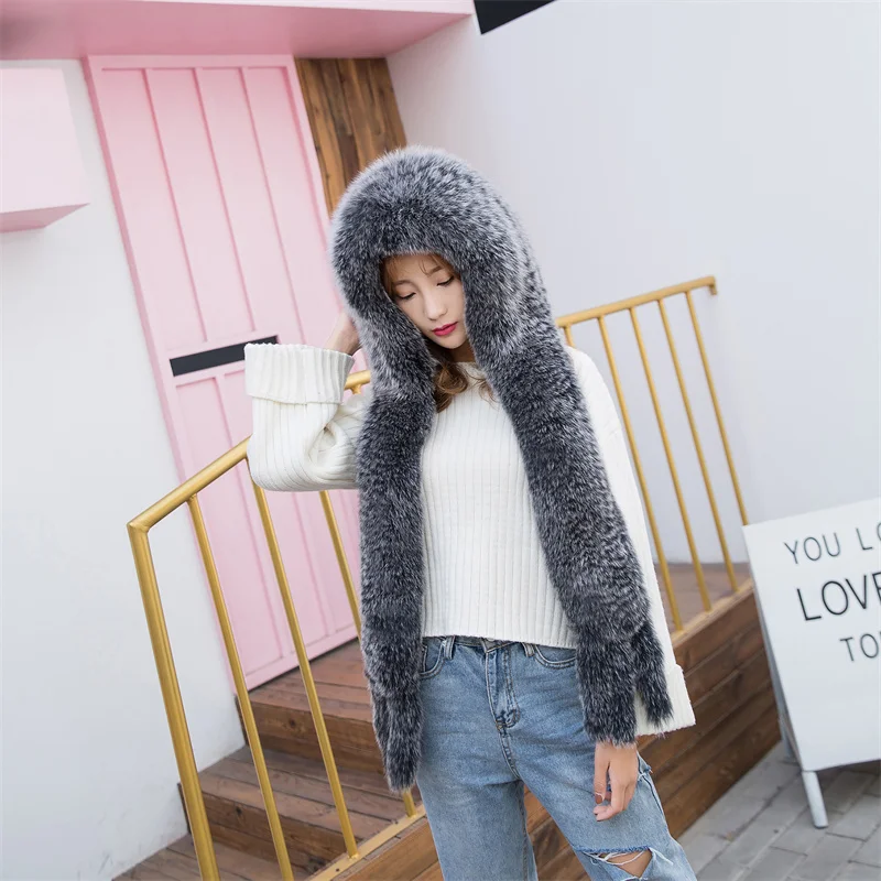 New Women's Winter Fur Hat Warm Hat Fox Fur Scarf Hat Warm Hat Women's Casual Fox Fur Winter Knitted Scarf Hat