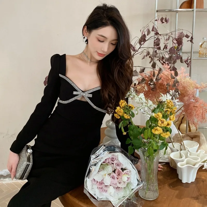 Роскошное осеннее платье миди с длинными рукавами и кристаллами бантом вечерние