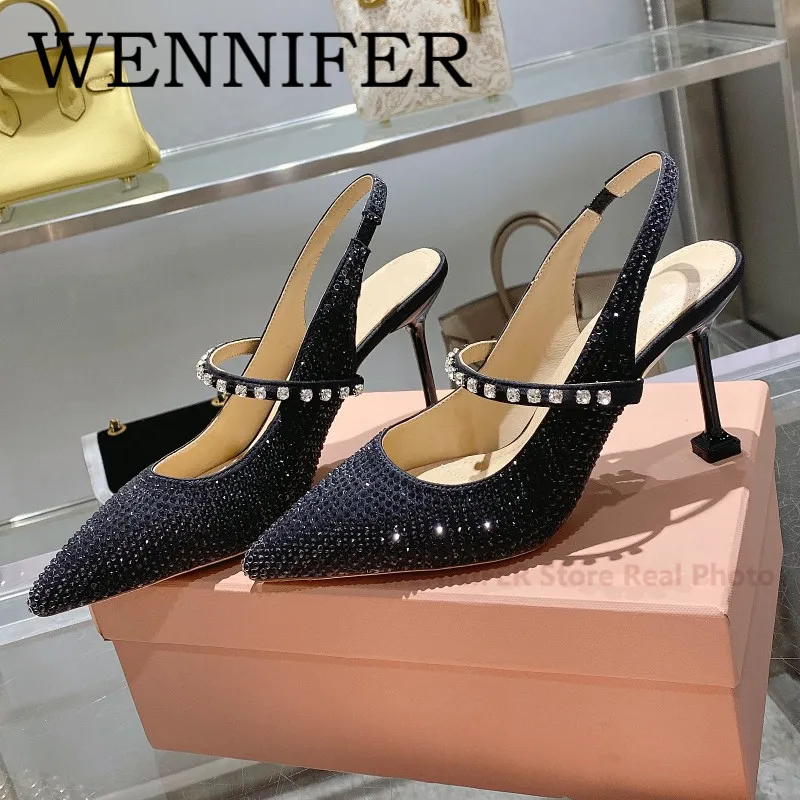 

Black Embellished 105mm Textured Pumps Pointy Synthetic Crystal Slingback Strap Sandal Party Bride Wedding Dress High Heel Shoes