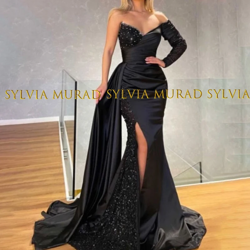 

Женское вечернее платье с юбкой годе, облегающее платье с одним длинным рукавом, разрезом сбоку и одним открытым плечом