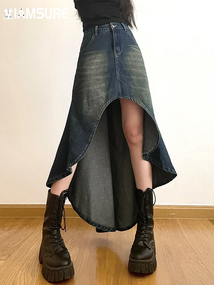 

IAMSURE Asymmetrical A-Line Denim Skirt Casual Streetwear Vintage High Waisted Maxi Skirts Women 2023 Summer Fashion Ladies