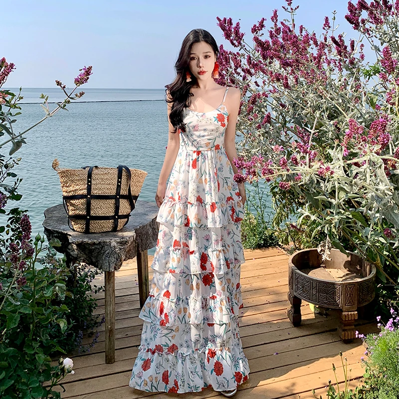 

Summer Backless Beach Ruffles Cake Long Dress Women Sleeveless Floral Print Sweet Slip Beach A-Line Evening Party Dresses Q044