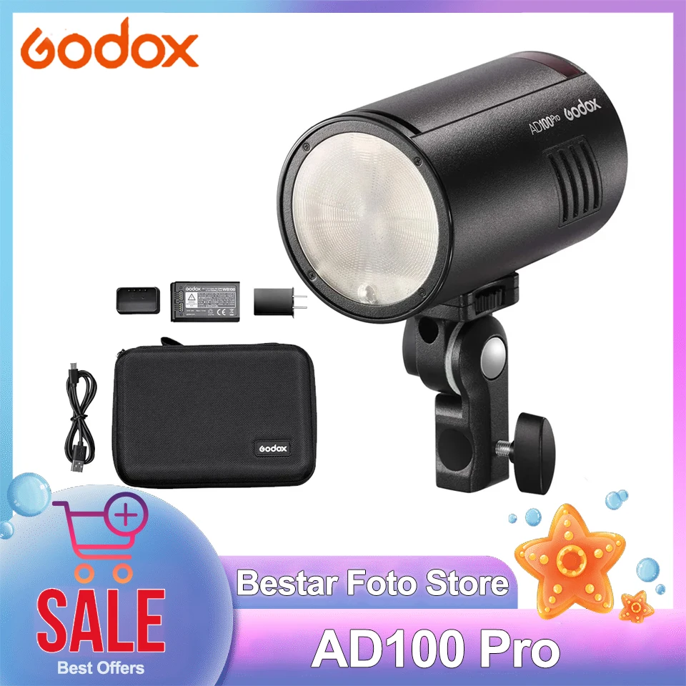 Godox AD100Pro Карманная вспышка 100 Вт с круглой головкой Стробоскоп Видеосвет 2 4G TTL