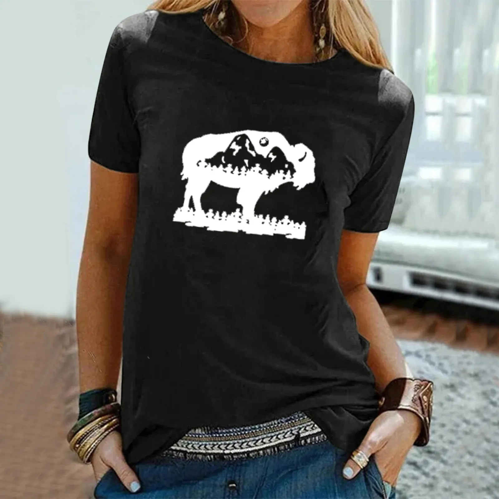 

Women's Shirt print O neck loose short sleeve Casual Top
