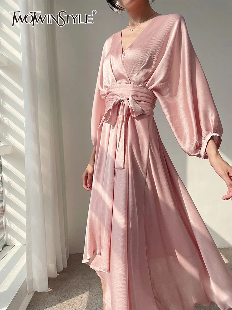 

TWOTWINSTYLE Irregular Hem Dress For Women V Neck Batwing Sleeve High Waist Lace Up Solid Midi Dresses Female Clothing Fashion