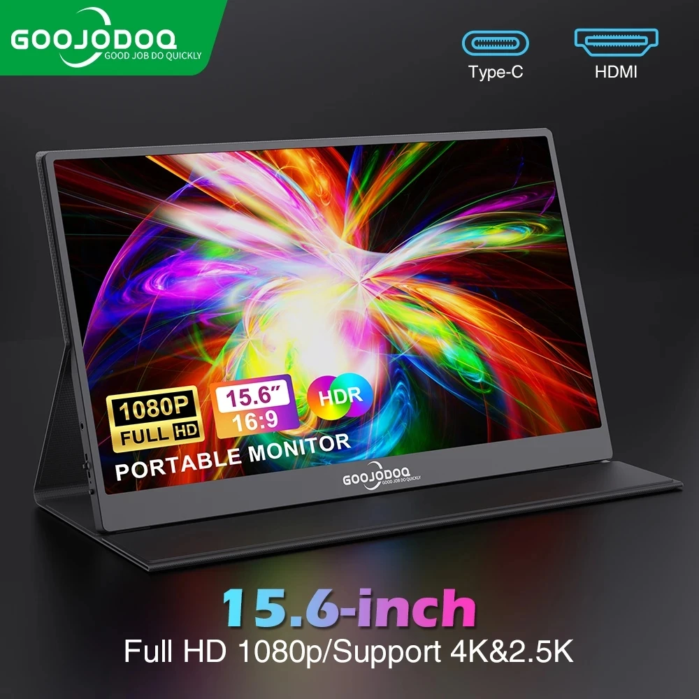 GOOJODOQ GJ20 Портативный монитор 15,6" IPS HDR 1920X1080 FHD Гейминг внешний для ноутбука ПК телефона Mac Xbox PS5/PS4 Switch on.