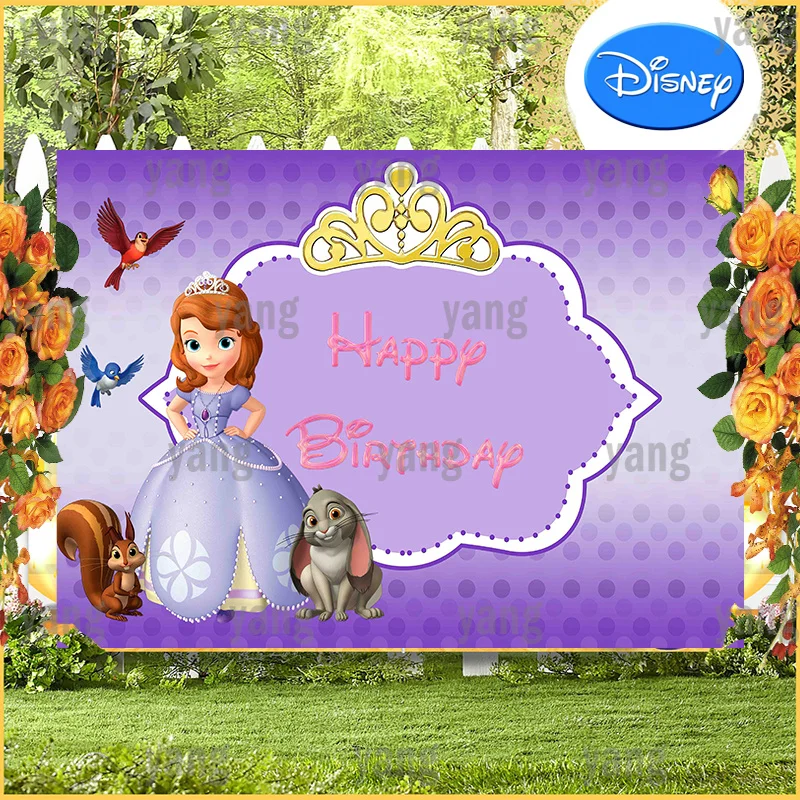 Princess Sofia Backdrop for Girls Purple Curtain Cartoon Fairy Banner Golden Crown The First Birthday Decorations Background