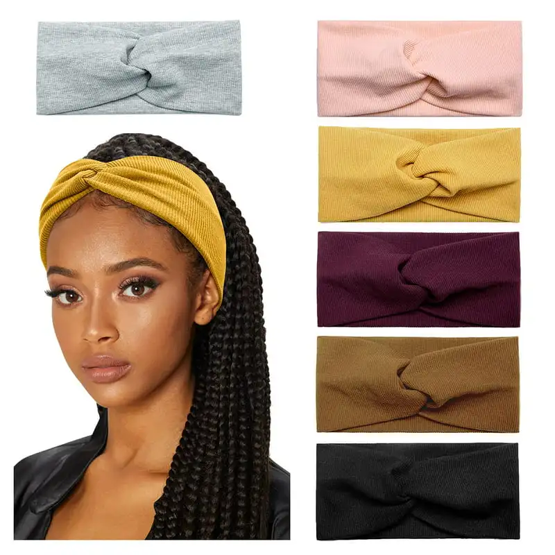 

Headbands for Women Wide Head Wraps Knotted Elastic Teen Girls Yoga Workout Solid Color Hair Accessories, 6 Pack