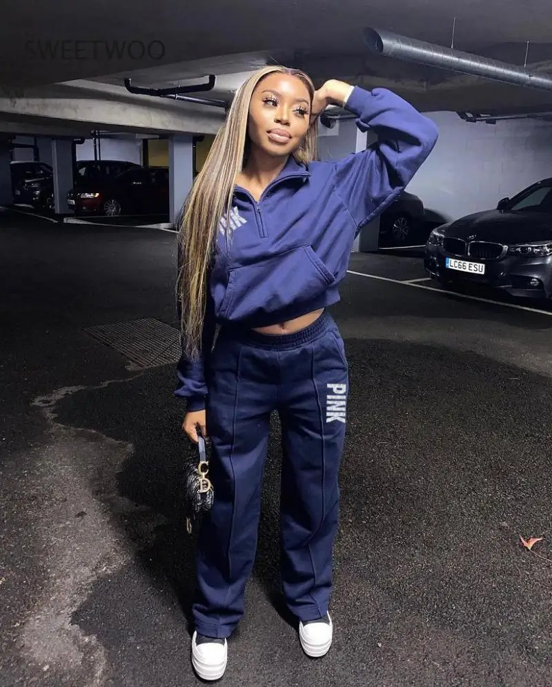 

Pink Letter Print Zipper Two Piece Sets Women Zip Stand Collar Sweatshirt+ Straight Pants Tracksuit Spring Fall Outfit Tide Chic