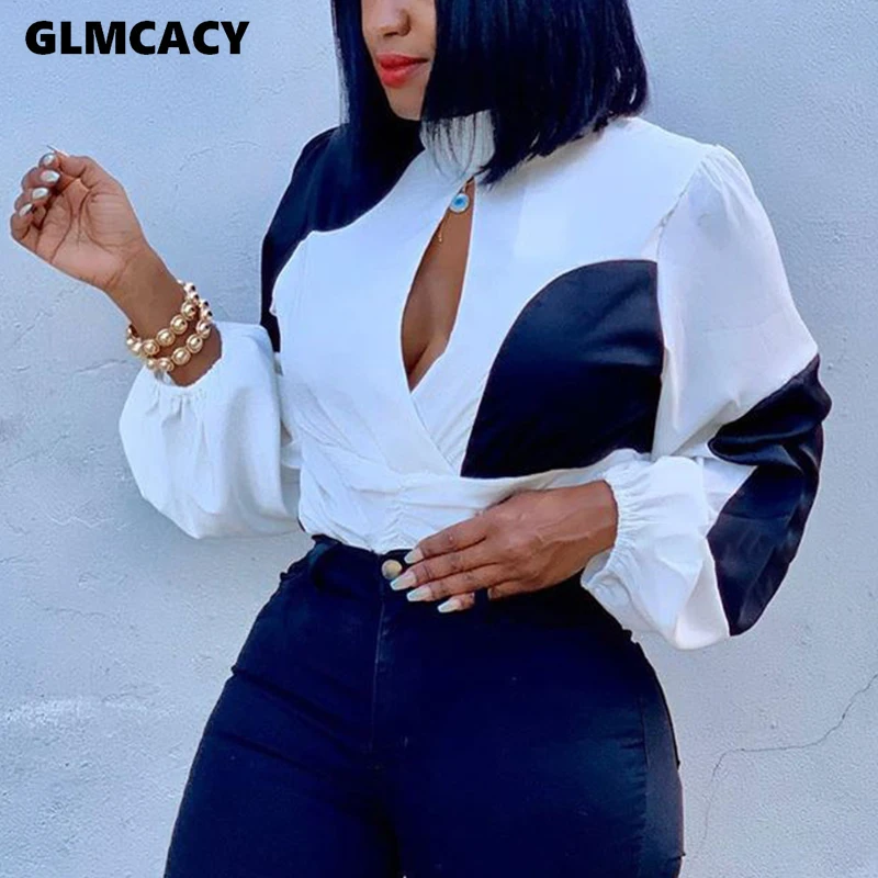 

Women Long Lantern Sleeve Short Tops Patchwork Cut Out Blouse Shirt Chic High Street Tops Sexy Club Party Shirts