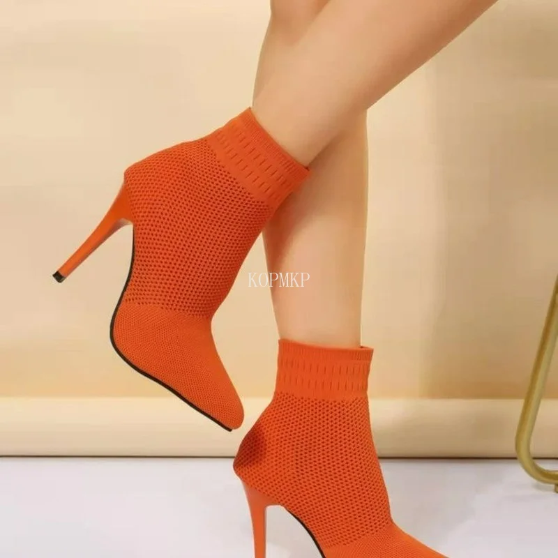 Orange 2022 New Stretch Fabric Women Shoes Ankle Boots Pointed Toe Pumps Thin Heels Fashion Autumn White Ladies Short Booties