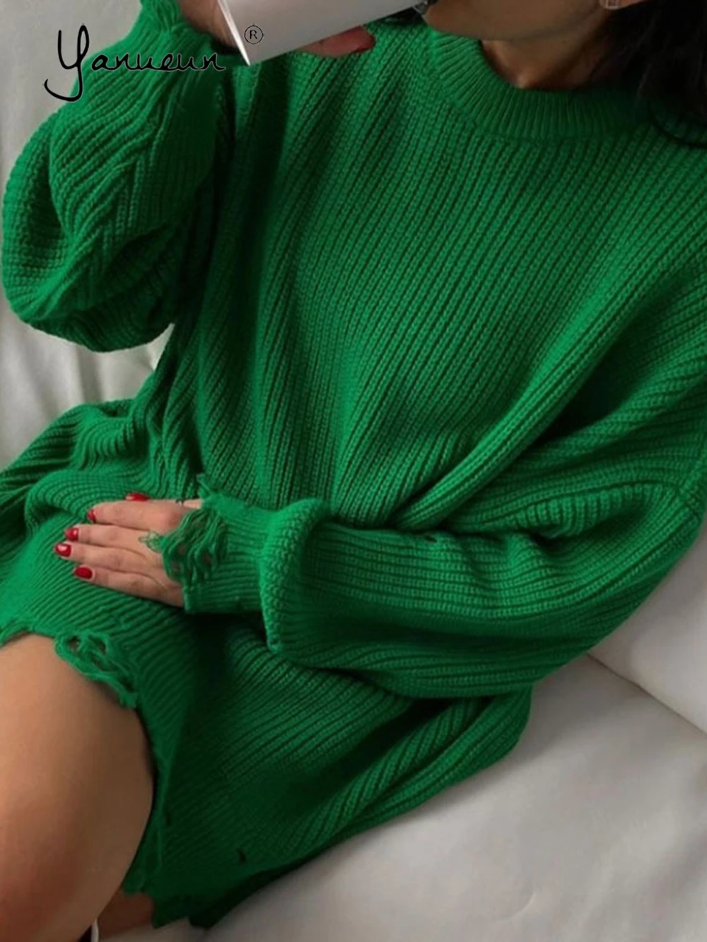 

Yanueun Women Hollow Out Sweater Dress Female Pullover O Neck Loose Party Spring Autumn Knitted Clothes
