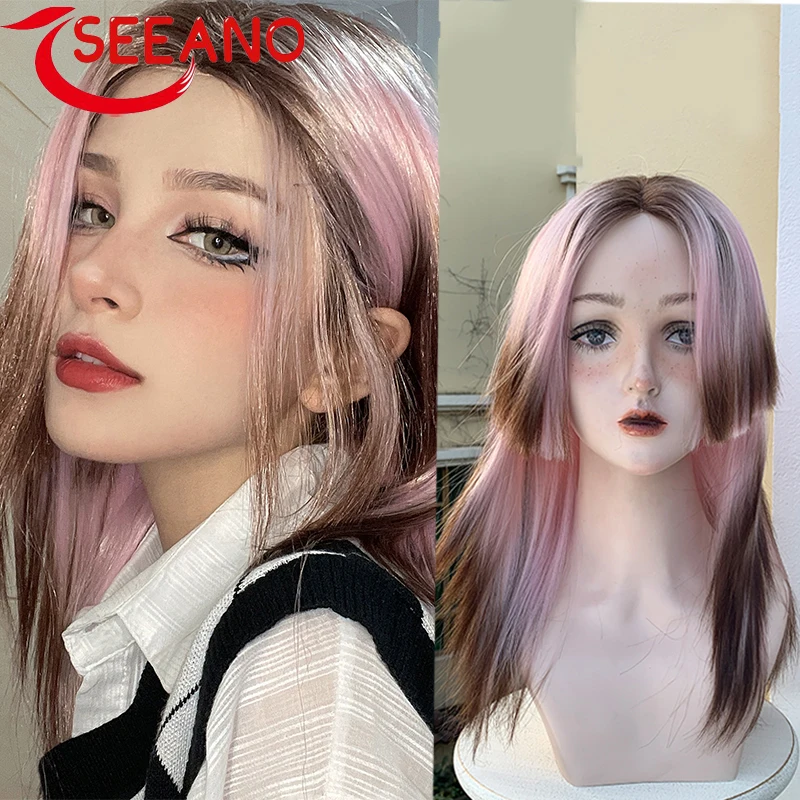 

SEEANO Synthetic Long Straight Middle T Part Lace Wig Ombre Brown Pink Gradient Cosplay Daily Party Lolita Lace Wigs For Women