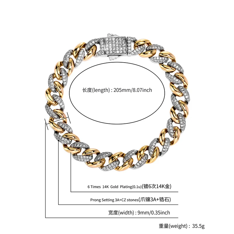 HIP HOP 3A CZ Stone Paved Bling Iced Out двухцветный круглый кубинский браслет-цепочка для мужчин