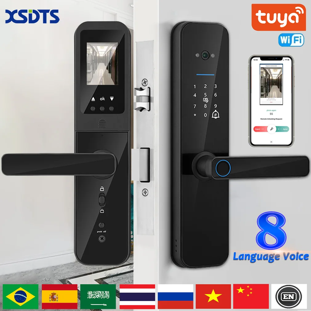 XSDTS Tuya Wifi Digital Electronic Smart Door Lock With Biometric Camera Fingerprint Smart Card Password Key Unlock