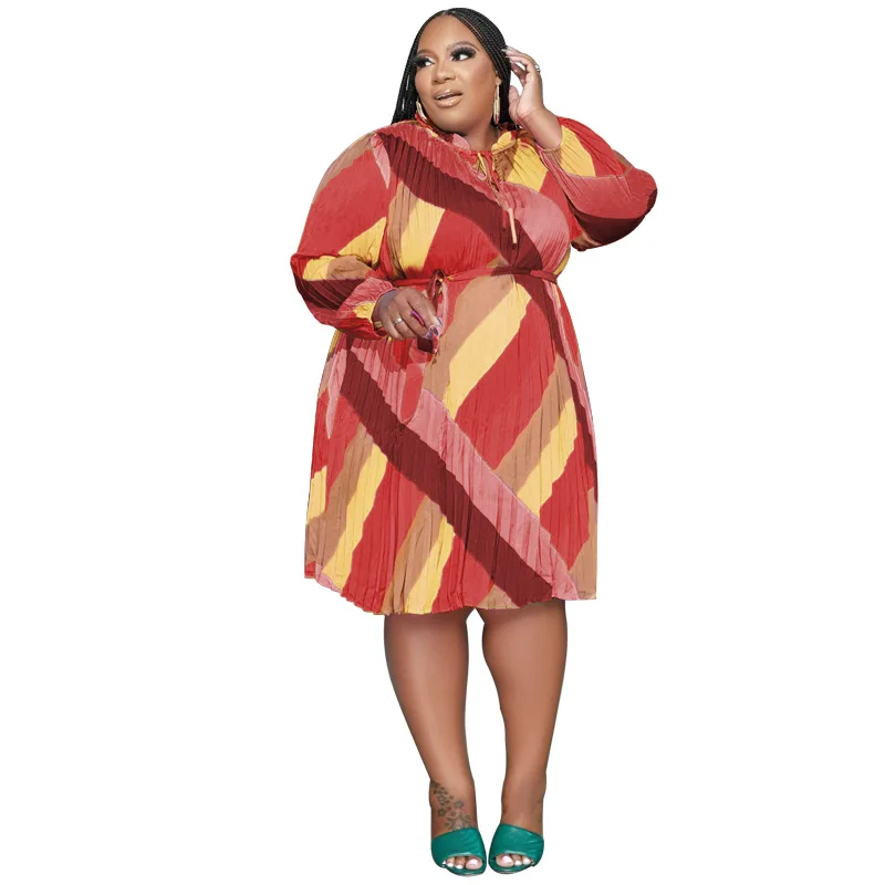 Plus Size Women's Dress Autumn and Winter New Stripes with Belt Fashion Loose Temperament Commuting Chic and Elegant Woman Dress