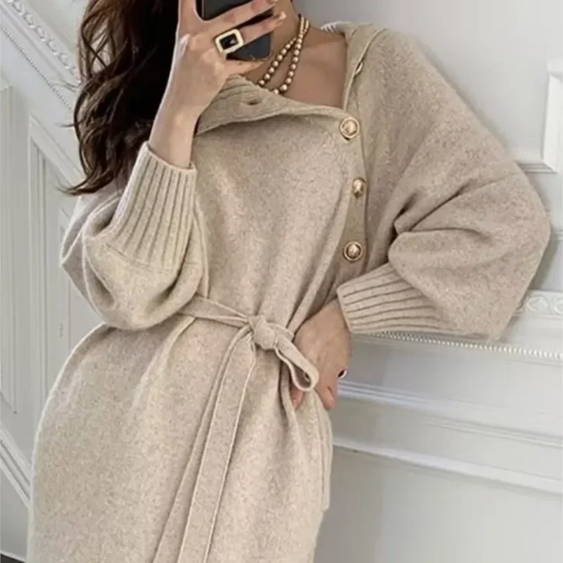 

Женское трикотажное платье с рукавами-фонариками, однотонное однобортное Повседневное платье в Корейском стиле, праздничное платье для весны и осени, 2023