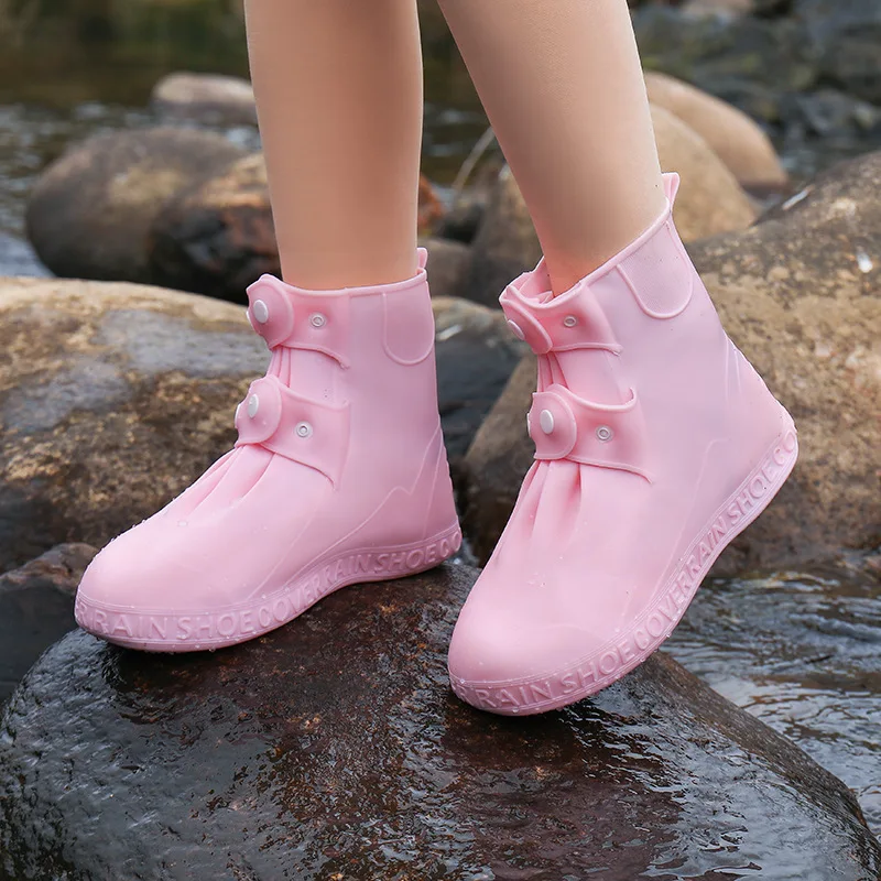 Pink Button-on Waterproof Shoe Covers Reusable Overshoes Anti Skid Snaps High Top Water Shoes Protection Galoshes Booties Cover