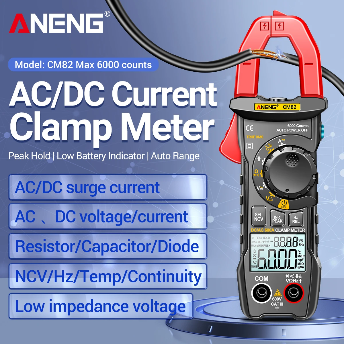 

ANENG CM82 Professional Digital Clamp Meter Multimeter T-RMS Ammeter Voltage Current Car Amp Hz Capacitance NCV Ohm Tester Tool