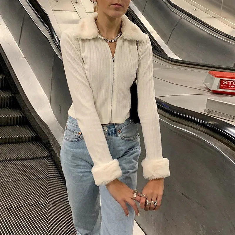 

Женский свитер с отложным воротником, однотонный трикотажный свитер с меховым воротником на молнии, мягкая теплая верхняя одежда, осень 2022