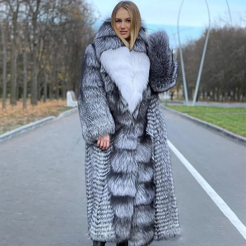 Natural Genuine Silver Fox Fur Overcoat Women Temperament Luxury Clothing Winter New Thicken Real Silver Fox fur Long Jacket