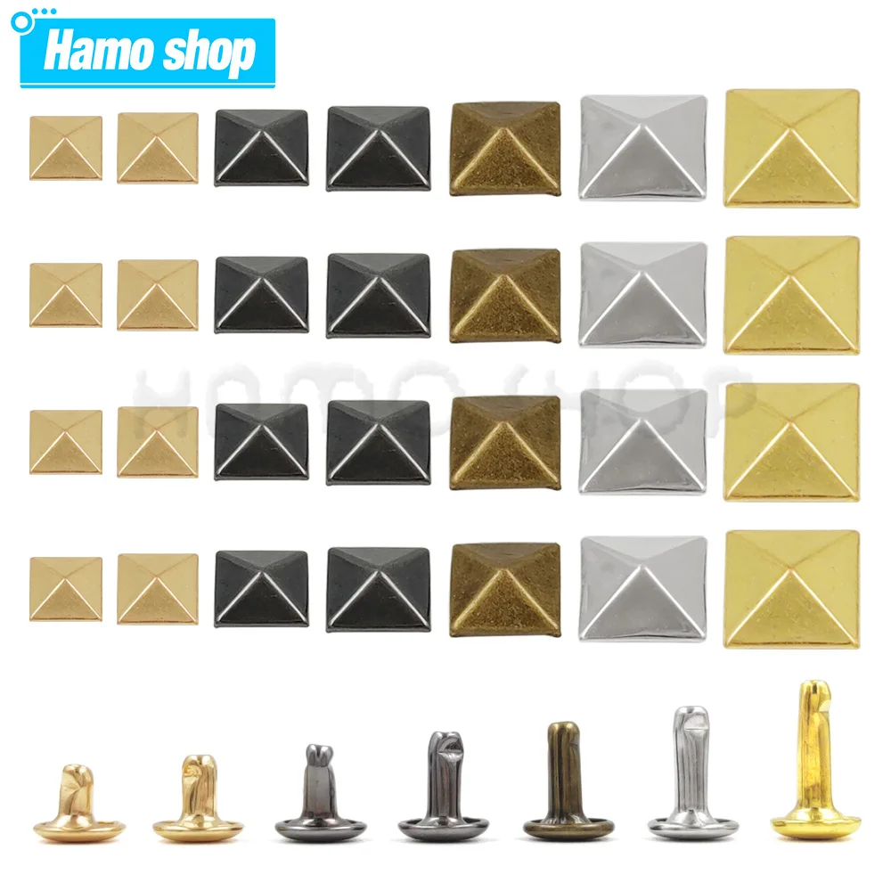 

100sets Metal Pyramid Cap Rivets Square Studs And Round Rivet Base for Leather Craft Bag Clothing Garment Shoes Pet Collar Decor