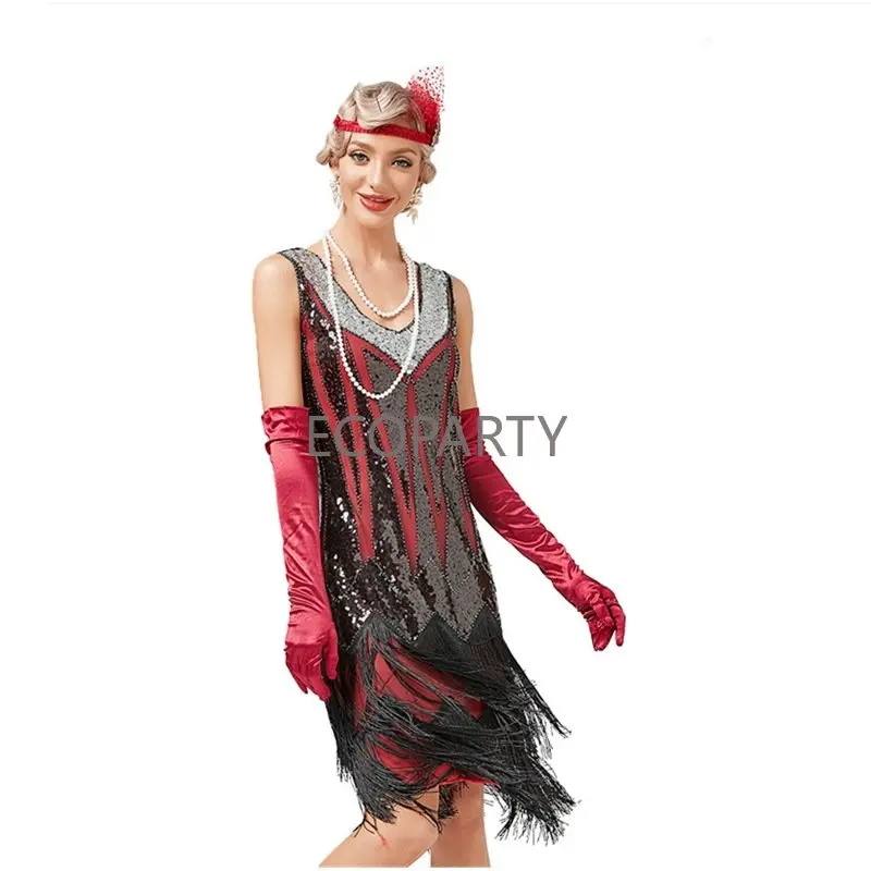 

New Summer Women Vintage Dress V Neck Beaded Fringed Tassels Cocktail Prom Wedding Party 1920s 30S Flapper Dress Size XS-3XL