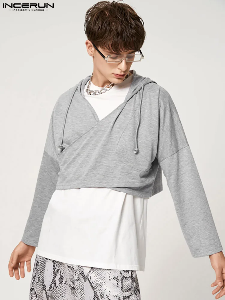 

INCERUN Fashion Men Hoodies Solid Color V Neck Streetwear Hooded Long Sleeve Irregular Crop Tops 2022 Casual Sweatshirts S-5XL